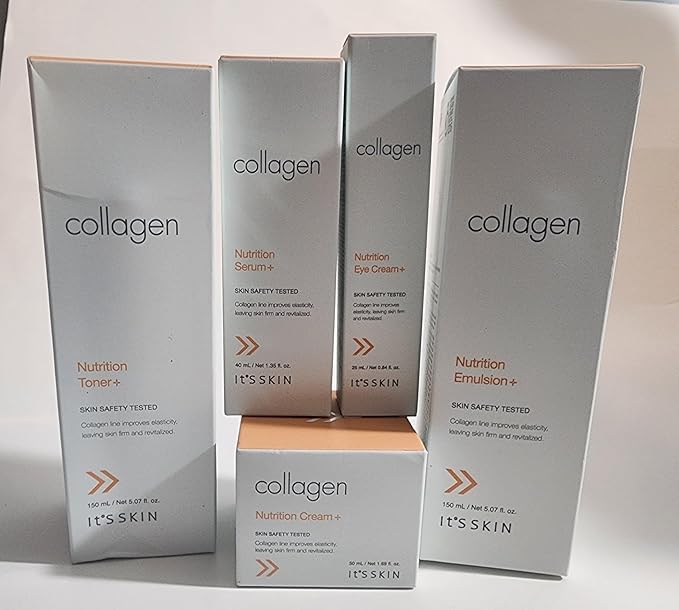 Collagen Nutrition 5-Piece Set, Korean Skincare Collection with Toner, Emulsion, Serum, Eye Cream and Face Cream Jojoba Oil Anti Aging Firming