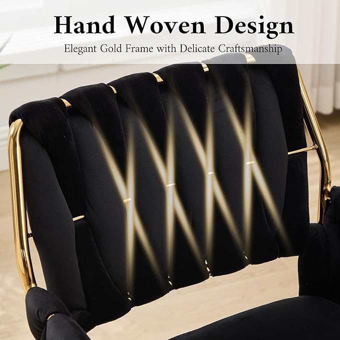 civama Velvet Office Desk Chair with Hand Woven Backrest, 360°Swivel & Height Adjustable Cute Girls Vanity Vlog Chairs, Nail Salon Bedroom Dressing Room Armchair with Gold Base and Wheels (Black)