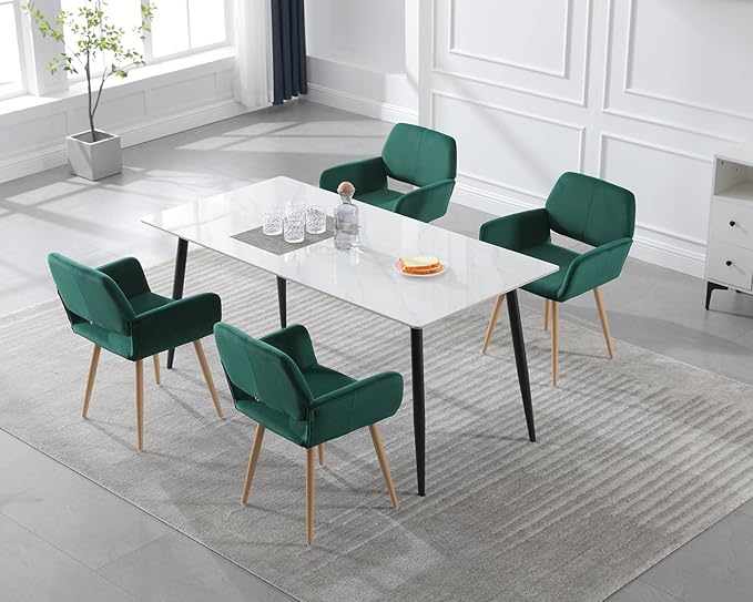KCC Small Modern Dining Room Arm Chairs Set of 2, Mid-Century Upholstered Velvet Side Seat Club Guest with Metal Tube Legs for Kitchen, Living Room, Green