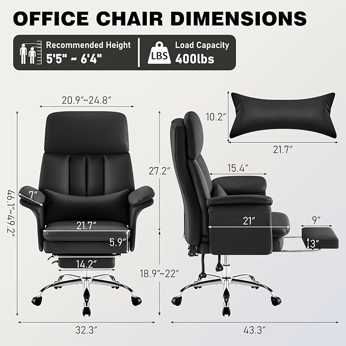 Leather Home Office Chair with Footrest 400lbs, High Back Rolling Desk Chair with Lumbar Support Soft Armrests, Excutive Office Chairs with Wheels Height Adjustable Rocking Swivel Functions,Black