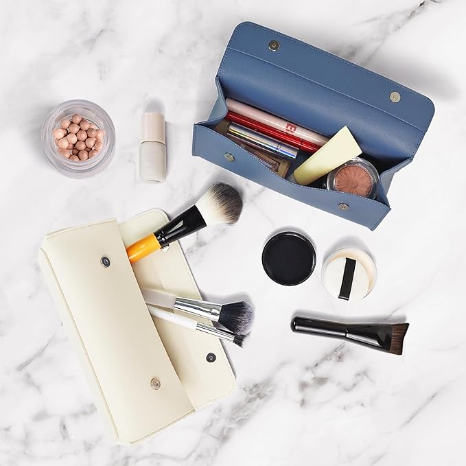 carrotez Stylish PU Leather Makeup Bag: Versatile Travel Toiletry Bag & Cosmetic Pouch, Small Makeup Organizer for Purse Essentials - Ideal Makeup Brush Holder & Sunglasses Case for Women - Soft Blue
