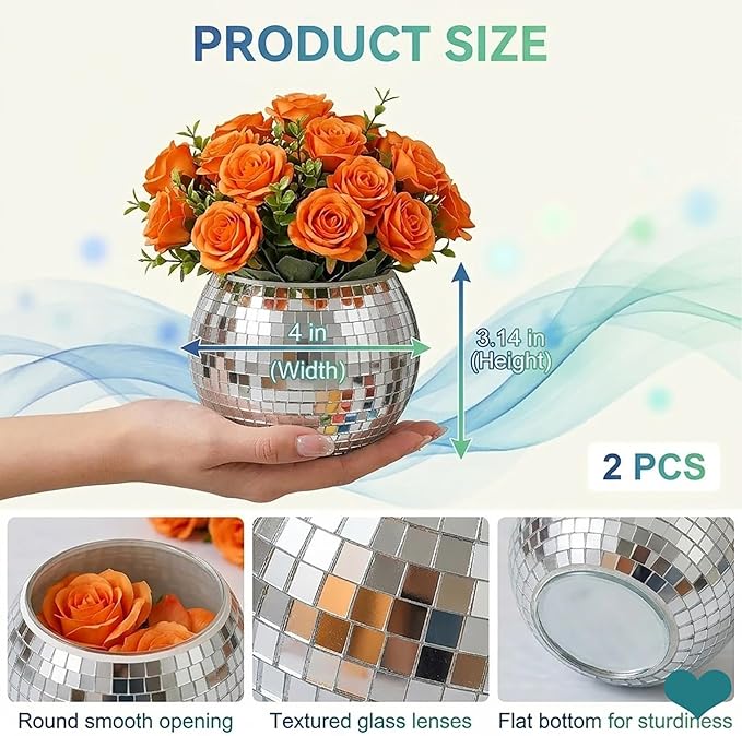 2 Pack Glass Disco Ball Makeup Brush with Smooth Grouting - Premium Mirror Mosaic Pencil Cup for Desk, Cute Pen Holder, Aesthetic Room Decor Gift (silver)