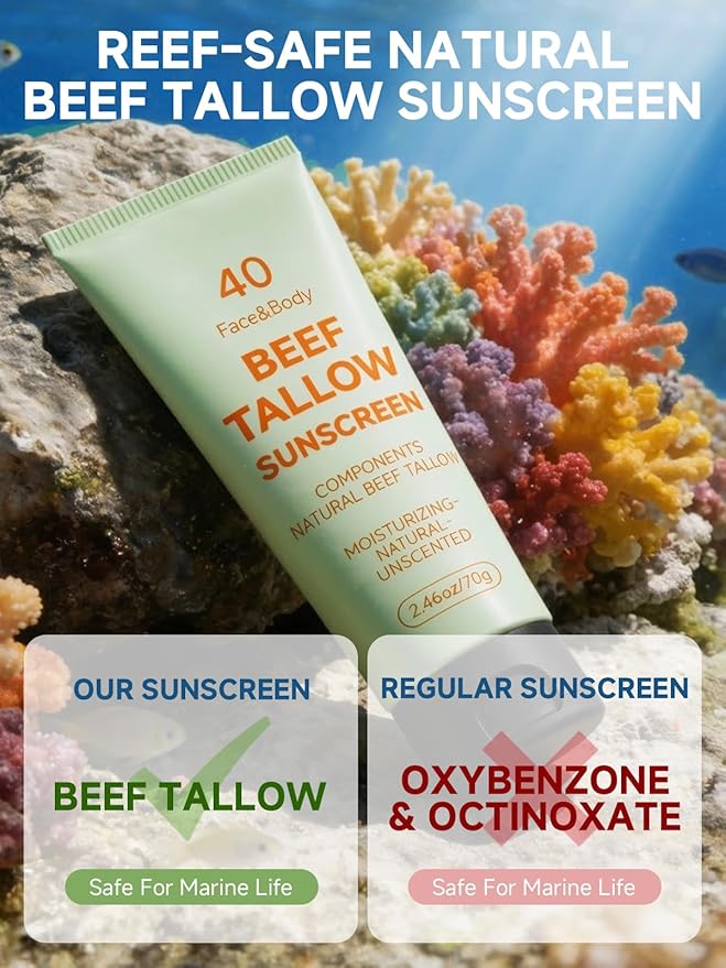 Beef Tallow Reef Safe Sunscreen SPF 40 for Face, Travel Size Natural Organic Non-Greasy Lightweight Formula For Women & Men, Summer Outdoor Sports Beach Home Office Daily Use, 2.46 OZ