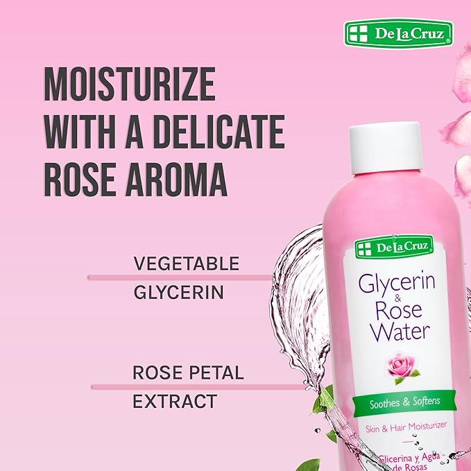De La Cruz Rose Water and Glycerin for Face - Rosewater Facial Toner and Moisturizer for Skin and Hair 8 fl oz (236 mL) - 6 Bottles
