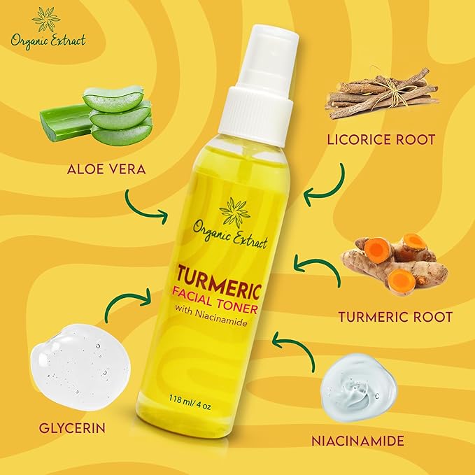 Turmeric Facial freshener - 4 fl oz / 118 ml - Skin Brightening Face freshener, Gently Removes Impurities - Skin Balancing & Pore-Reducing Toner - Hydrating Toner with Niacinamide