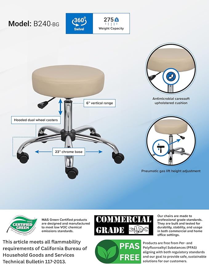 Boss Office Products Be Well Medical Spa Stool in Beige, 250 (B240-BG)