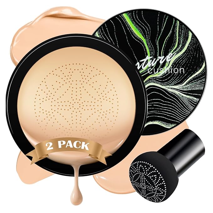 Air Cushion CC Cream Foundation - Mushroom Head BB Cream Face Makeup Moisturizing Concealer Brighten Long-Lasting, Even Skin Tone for All Skin Types (2 PCS Natural)