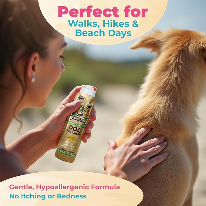 Coconut Coast Dog Sunscreen-SPF 30+ With Skin Moisturizing Vitamin E and Aloe Vera- No Zinc Oxide Safe for All Dogs- Dog Beach Accessories, Dog Camping Gear, Sunscreen for White Dogs
