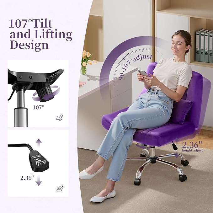 Warmiehomy Velvet Criss Cross Chair with Wheels, Cross Legged Office Chair, Comfy Desk Chair for Home Office, Ergonomic Computer Chair, Wide Seat Vanity Chair, Birthday Gift for Women, Purple
