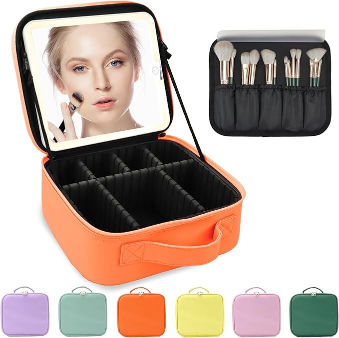 Makeup Bag with Led Mirror,Large Vanity Makeup Cases with 3 Color Setting,Portable Storage and Adjustable Dividers,for Women and Makeup Artists Cosmetic Organizer Travel Makeup Bag-Orange