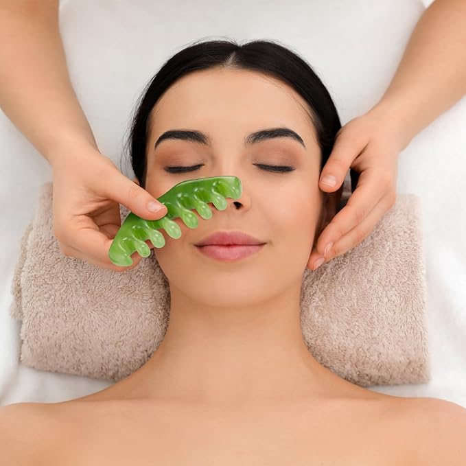 Geiserailie 2 Pcs Jade Combs Esthetician Supplies Massage Stone Hair Gua Sha Scraping Scalp Comb Facial Massage Tool Handheld Head Tools Head Caring Therapy Mother's Day for Women(Dark Green Style)