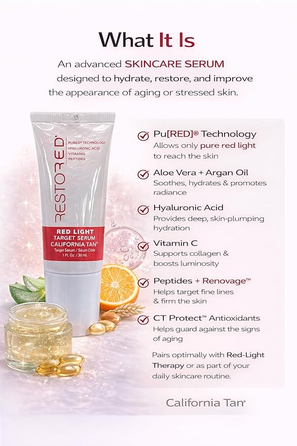 Restored Target Serum Red Light Therapy 1 oz Hydrating Anti-Aging Serum with Hyaluronic Acid, Vitamin C, Peptides for Face & Body