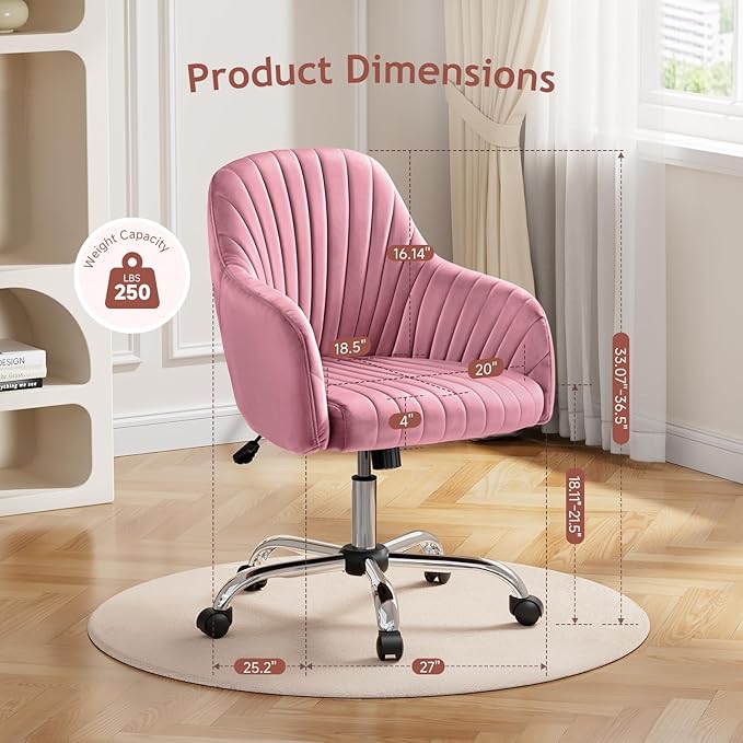 Warmiehomy Velvet Desk Chair for Home Office, Modern Adjustable Swivel Task Chair, Women Vanity Chairs with Arm Rest for Bedroom Dressing Room, Rose Pink