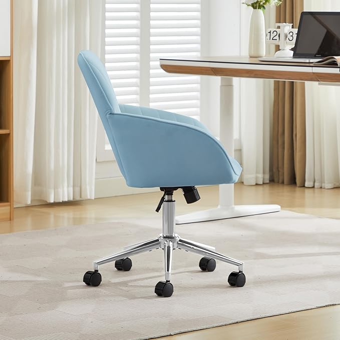 YITAI Velvet Office Desk Armchairs with Silver Base and Wheels,Modern Height Adjustable 360 Degree Swivel Upholstered Vanity Chairs for Living/Room Bedroom/Study,Light Blue