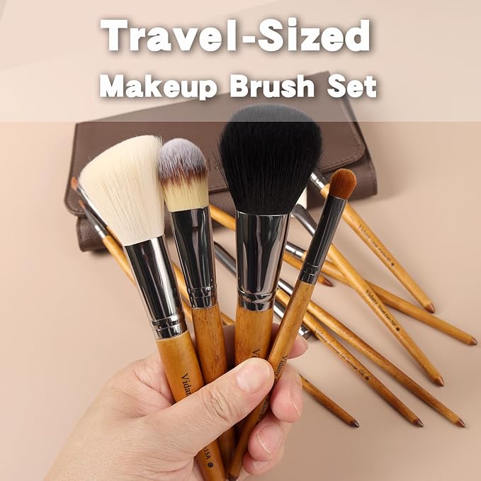 Makeup Brush Set,15pcs Walnut Wooden Makeup Brushes With Leather Button Bag, Professional Makeup Brushes For Foundation Concealer Kabuki Blush Eyeliner Shadow Brow, Makeup Brush Sets & Kits
