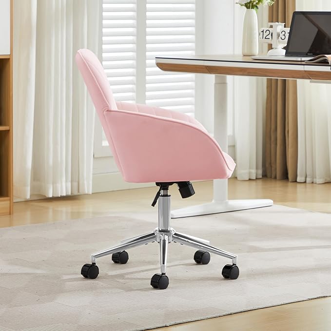 YITAI Velvet Office Desk Armchairs with Silver Base and Wheels,Modern Height Adjustable 360 Degree Swivel Upholstered Vanity Chairs for Living/Room Bedroom/Study,Pink