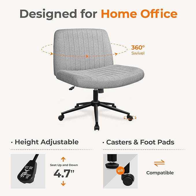 NEO Chair Criss Cross Chair with Wheels Armless Cross Legged Office Desk Wide Comfy Vanity Makeup Chair Adjustable Swivel Rolling Computer for Home Office Fabric (Grey)