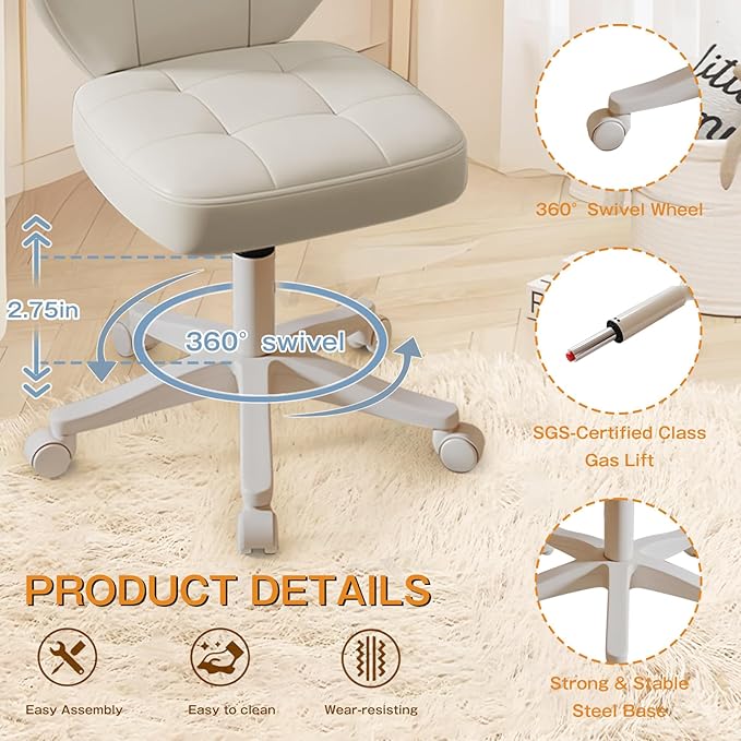Vanity Chair with Back – Small Armless Office Chair with Wheels, Lumbar Support, PU Leather, Adjustable Height, 360° Swivel for Home, Bedroom, Office White Set of 1
