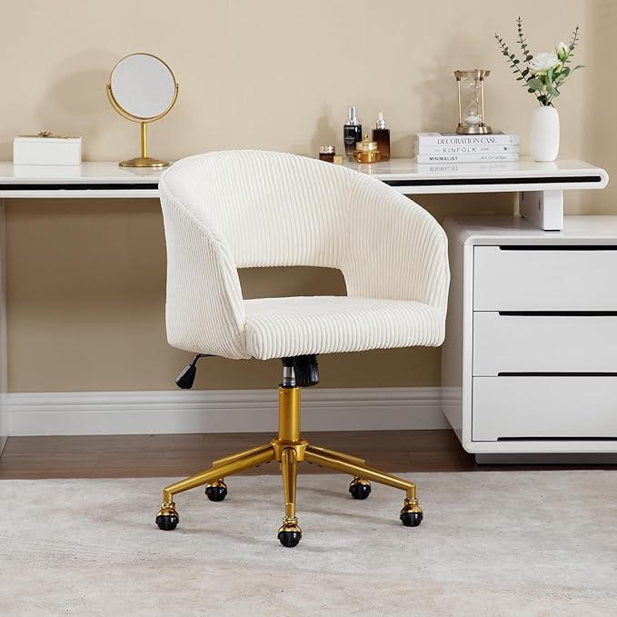 Westice Home Office Desk Chairs, Modern Corduroy Rolling Chair, Height Adjustable Swivel Vanity Chair with Golden Base, Ergonomic Chair for Vanity Study, Living Room Computer Room, Beige