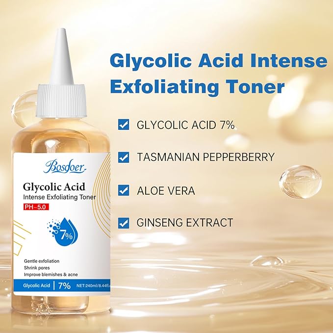 7% Glycolic Exfoliating Acid Toner, Even Skin Tone, Smooth Skin, Unclogs Pores, Gentle Effective Toner with Hydrating Properties for Daily Use