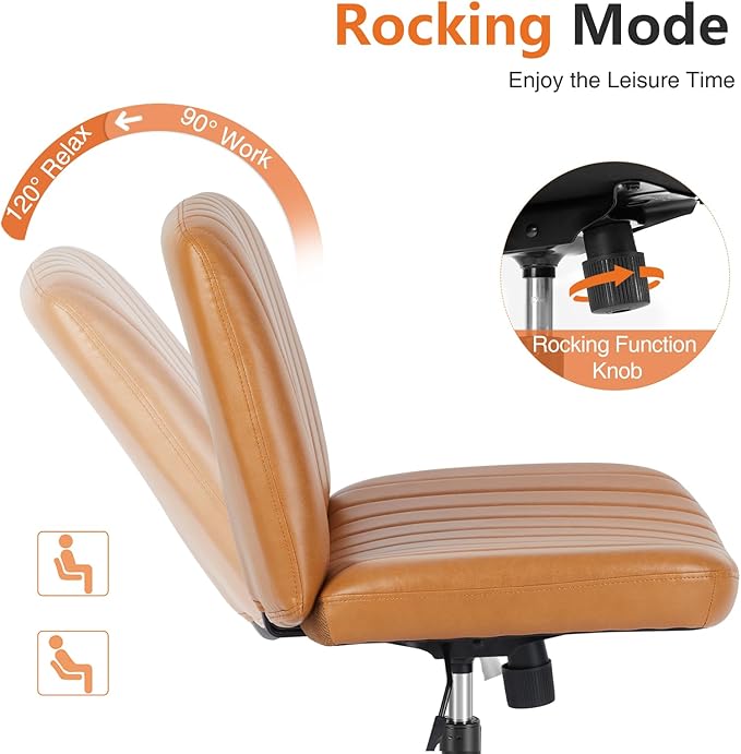 Sweetcrispy Criss Cross Chair Legged, Armless Office Wide Desk Chair No Wheels, PU Leather Swivel Vanity Height Adjustable Fabric Modern Computer Task Seating for Home - Brown