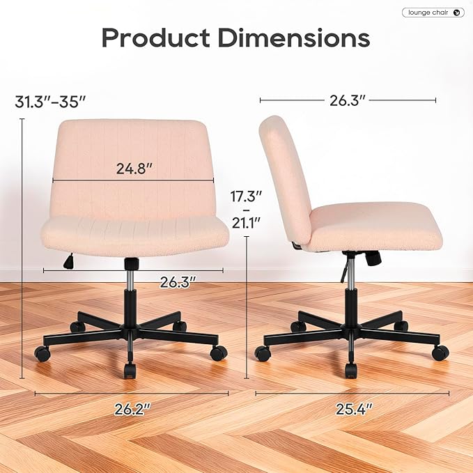 PayLessHere Criss Cross Chair Wide, Armless Office Desk Chair,Backrest Vanity Chair with Wheels 360 Swivel, Height Adjustable for Home Office, Home Office Pink