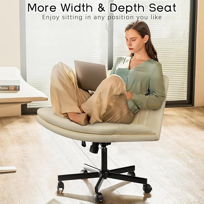 PUKAMI Criss Cross Chair,Comfy Cross Legged Office Desk Chair No Wheels,Modern Fabric Swivel Adjustable Height Mid Back Wide Seat for Home Office Computer (Pu Beige with Wheels)