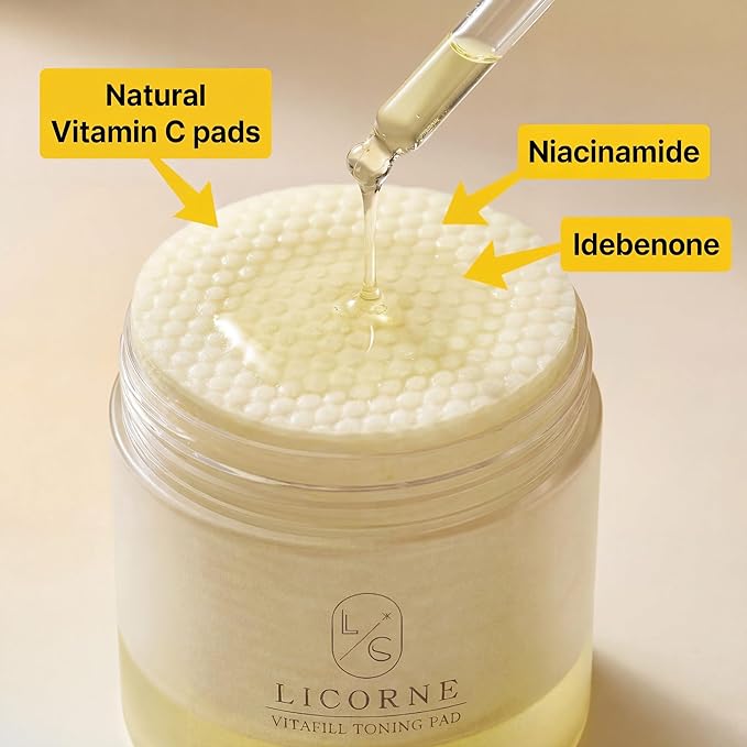Licorne Vitafill Toning Pads (70 Count) - Idebenone & Vitamin C Glow Boosting Toner Pads for Dullness & Uneven Skin Tone - Korean Exfoliating Face Pads with Niacinamide for Daily Radiance