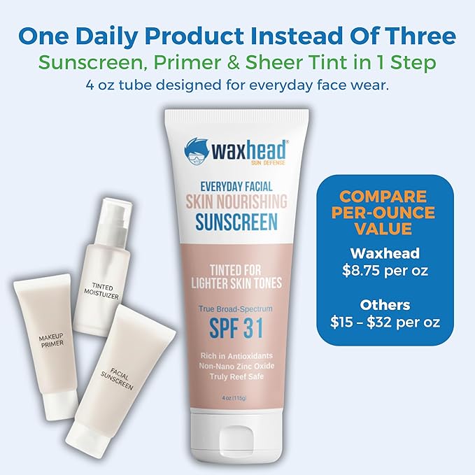 Waxhead Tinted Sunscreen for Face SPF 31, Mineral Formula with 25% Non-Nano Zinc Oxide, Unscented, Non-Comedogenic Tint Moisturizer & Makeup Primer for Daily Wear (Light Tint 4 oz)