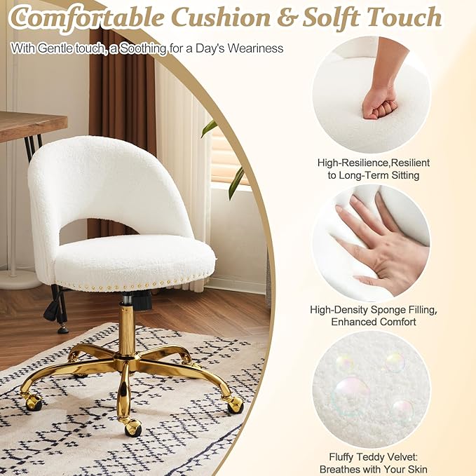VINGLI Modern Teddy Fluffy Small Office Chair,Cute Desk Chair with Wheels,Gold Base/Studs, Comfy Armless Swivel Vanity Task Chair for Women/Girl/Kids, Nail Tech Chair for Bedroom,Small Space,White