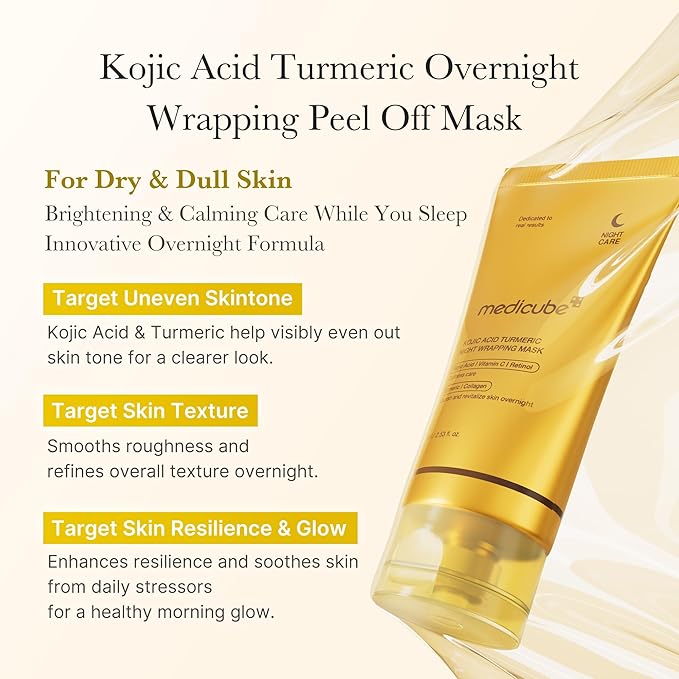 medicube Overnight Glow Duo for Uneven Skin Tone: Turmeric Overnight Wrapping Peel Off Mask 2.0 and Jelly Brush