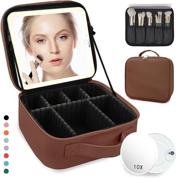 Travel Makeup Bag for Makeup Artists Large Makeup Case,with Mirror 3 Color Setting and Detachable 10x Magnifying Mirror Travel Makeup Bag,Portable Storage and Adjustable Dividers（dark brown）