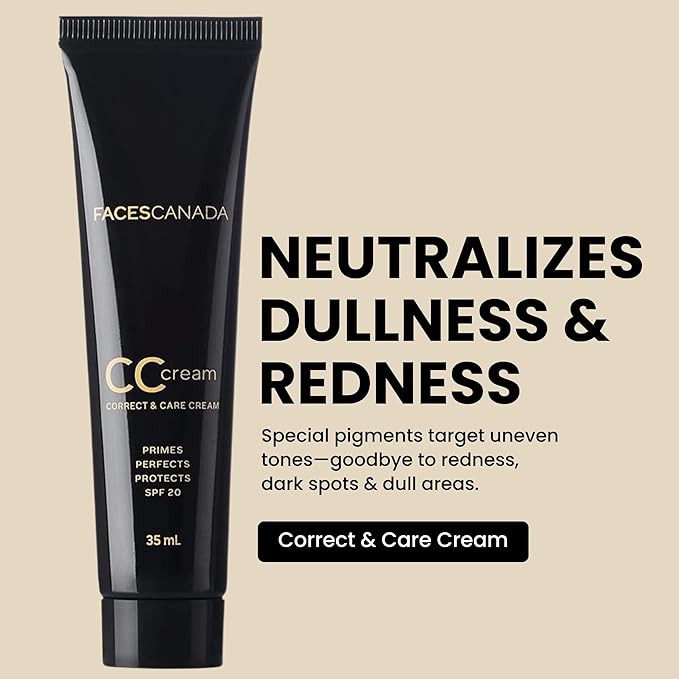FACESCANADA CC Cream | Primes, Perfects & Protects with SPF 20 | Lightweight Color Correcting Cream for Natural Coverage | Evens Tone, Conceals & Hydrates Skin | 1.18 Fl Oz (35ml)