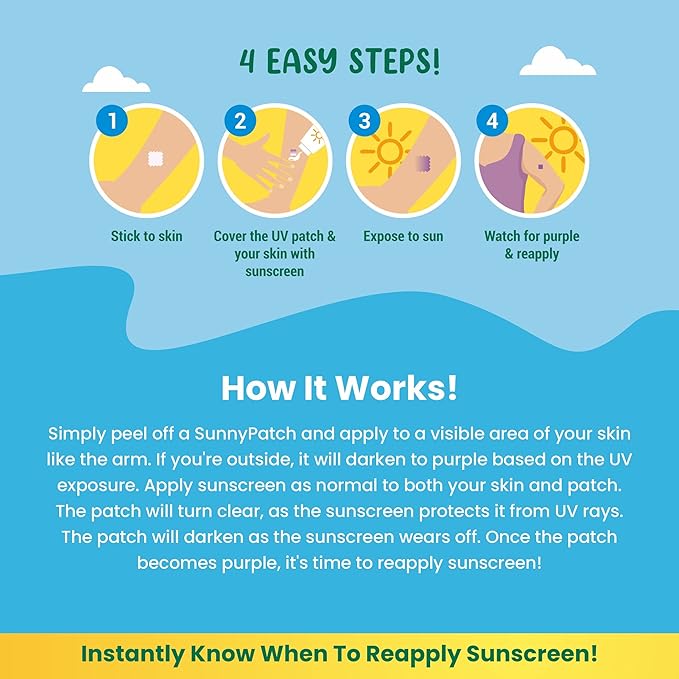NATPAT Sunny Patch UV Detection Stickers Sunburn Prevention for Kids and Adults - Natural Waterproof Patches, Changes Color When Time To Reapply Your SunScreen - BuzzPatch (24 Pack)