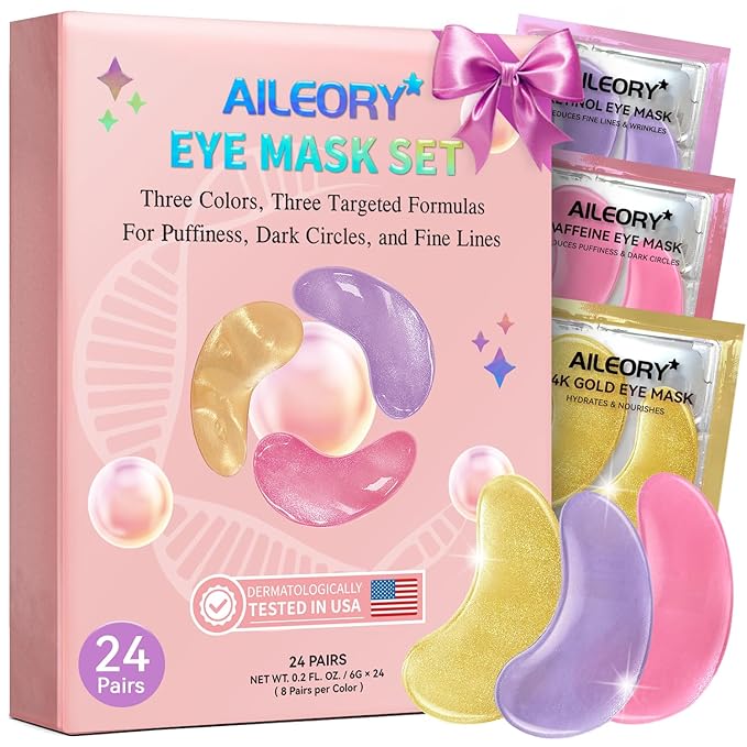 Under Eye Patches for Dark Circles, Puffiness, Fine Lines, Eye Mask Set with Retinol, 24K Gold, Caffeine, Gel Mask for Easter, Birthday & Spa Party Favors, Easter Basket Stuffers, 24 Pairs