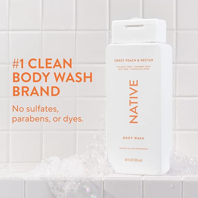 Native Body Wash Contains Naturally Derived Ingredients | For Women & Men, Sulfate, Paraben, & Dye Free Leaving Skin Soft and Hydrated | Sweet Peach & Nectar 18 oz
