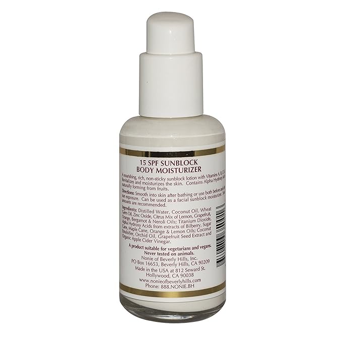 Nonie of Beverly Hills AHA All-Natural 15 SPF Sunscreen – 100% Vegan & Pure Ingredients – UVB Protection for Long-Lasting Defense – Skin Food for Daily Use – Made in the USA