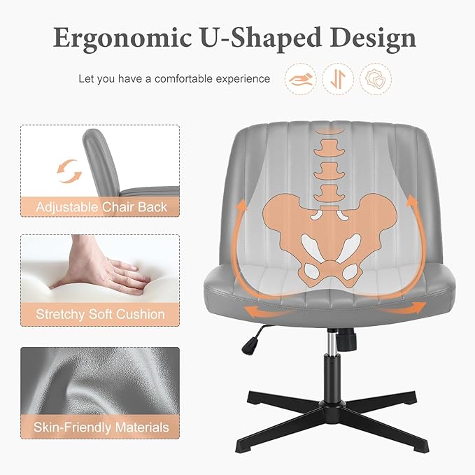 Sweetcrispy Criss Cross Chair Legged, Armless Office Wide Desk Chair No Wheels, PU Leather Swivel Vanity Height Adjustable Fabric Modern Computer Task Seating for Home - Grey