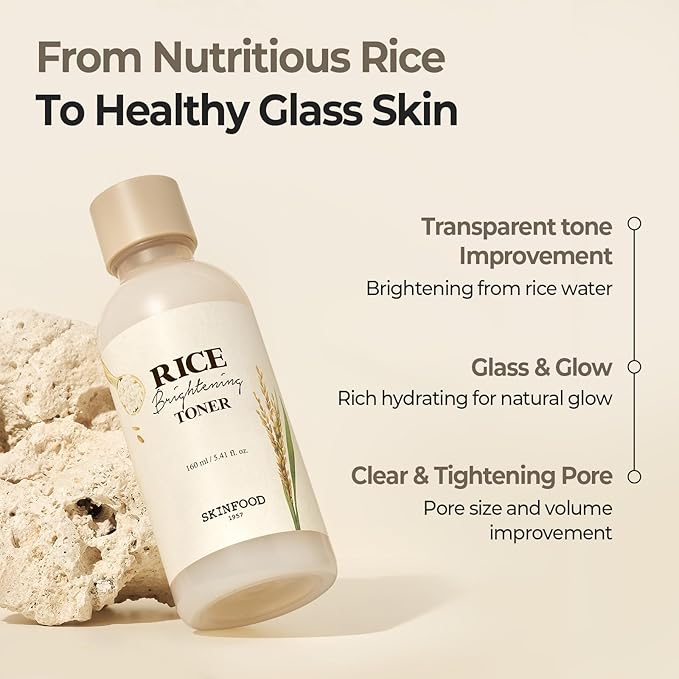 SKINFOOD Rice Brightening Toner, Korean Skincare Toner for Face with 48 Hours Fermented Rice Water for Healthy Glow Glass Skin, Pore Minimizing, Hydrating, Vegan, 160ml/5.4fl.oz.