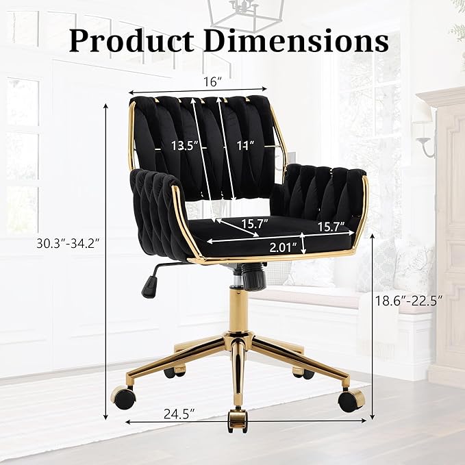 civama Velvet Office Desk Chair with Hand Woven Backrest, 360°Swivel & Height Adjustable Cute Girls Vanity Vlog Chairs, Nail Salon Bedroom Dressing Room Armchair with Gold Base and Wheels (Black)