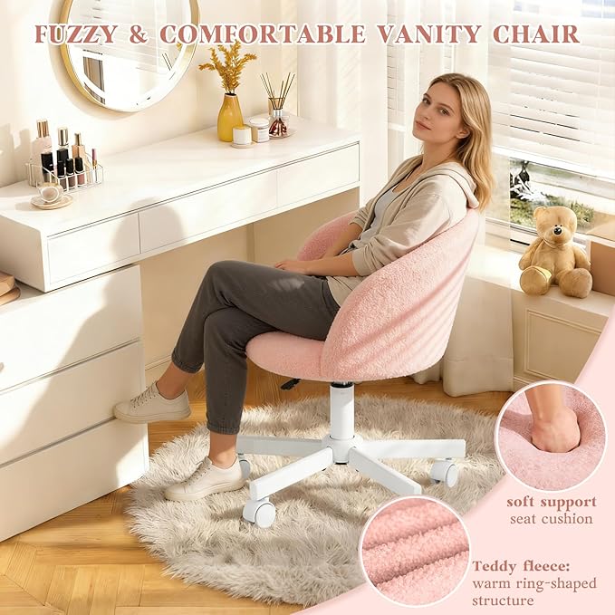 WAYTRIM Pink Vanity Chair with Wheels - Swivel Makeup Chair Small Computer Chair with Back Adjustable Height Desk Chair for Girl & Woman, Cozy Fuzzy Velvet Chair for Bedroom & Home Office