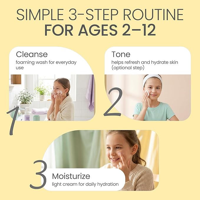 Skincare Set for Kids - Gentle Facial Wash, Hydrating Toner and Cream - Natural Skin Care for Boys and Girls with Aloe Vera and Rose Water - Vegan, Paraben-Free - Award-Winning - Ages 6-12