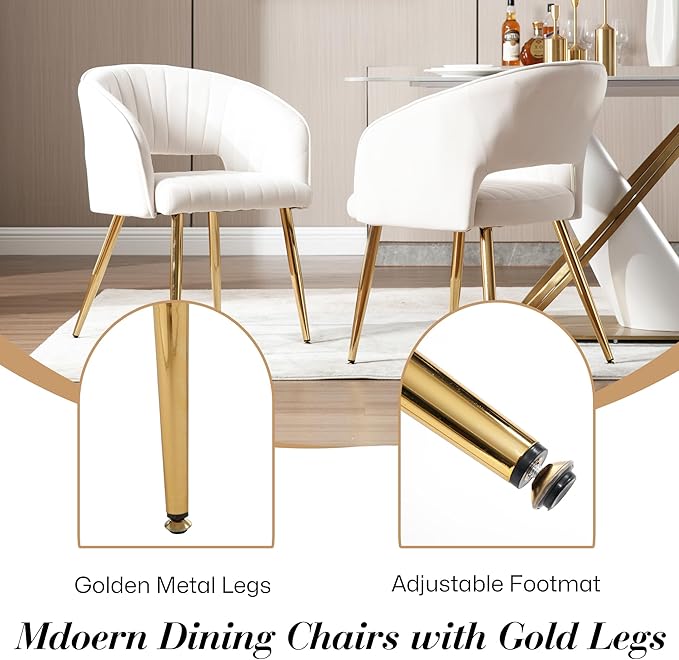 Modern Velvet Vanity Chair, Home Office Desk Chair with Hollow Back, Upholstered Dining Chair with Gold Metal Legs, Comfy Accent Armchair for Living Room Bedroom, Beige