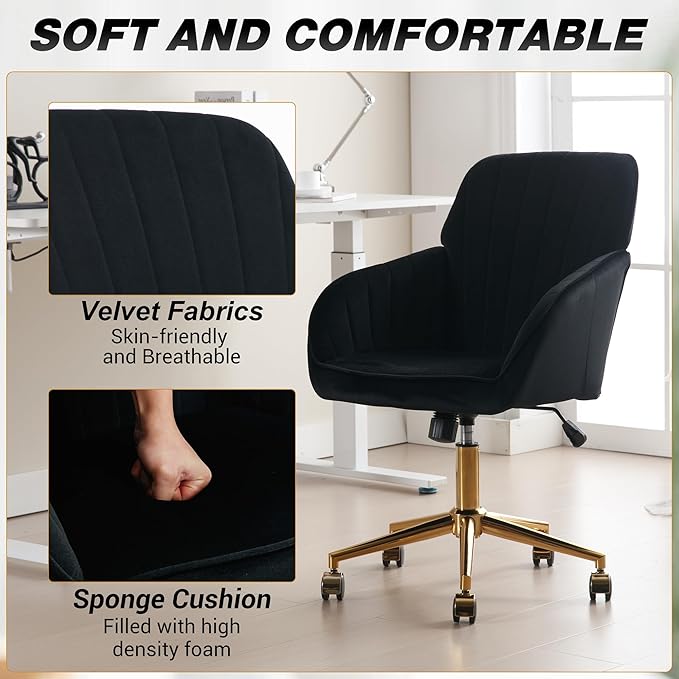 YISHENG Velvet Home Office Chairs with Gold Base, Height Adjustable 360 Degree Swivel Desk Chair with Wheels, Upholstered Tufted Modern Vanity Chairs for Living Room, Bedroom,Study Room (Black)