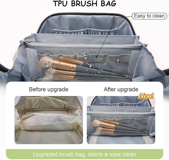BOYATU Travel Makeup Bag Organizer: 3 Pcs Set Large Capacity Cosmetic Bags Holds 10–20 100ml Full-Size Bottles - 180°Open-Flat Make up Case 3-sec touch-up - Toiletry Bag Gift women (01-D-Green)