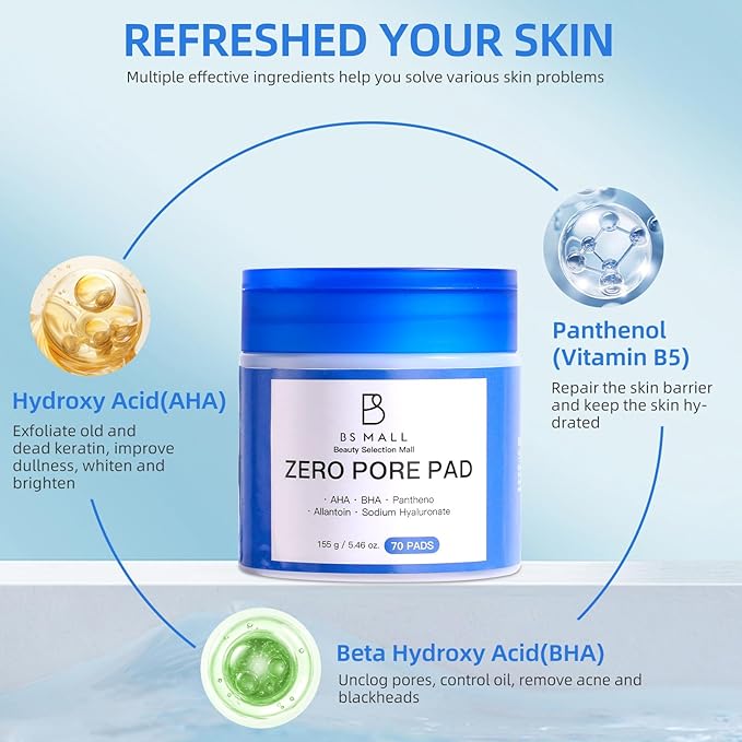 BS-MALL Zero Pore Pads – Dual-Textured Facial Toner Pads with 4.5% AHA Lactic Acid & 0.45% BHA Salicylic Acid for Exfoliation, Pore Care & Acne Treatment – 70 Pad for All Skin Types