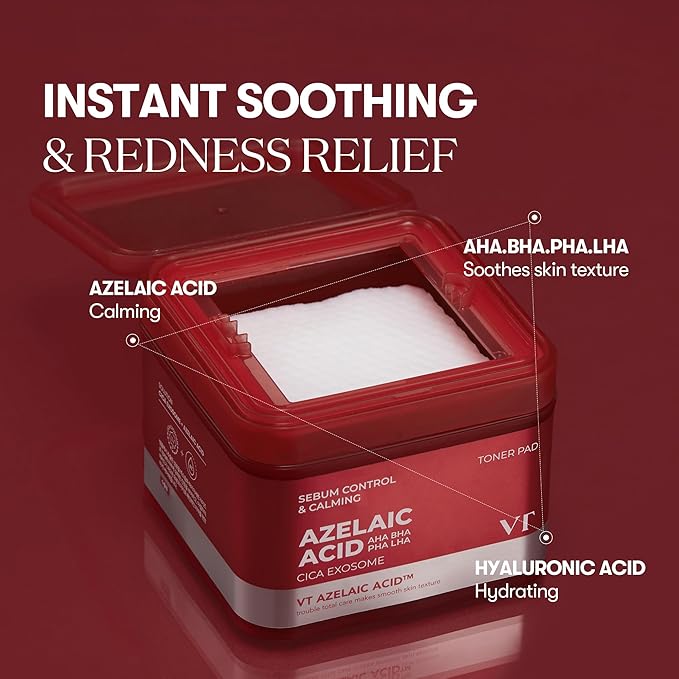 VT COSMETICS Azelaic Acid Care Toner Pad, Dual-Textured Facial Toner Pads for Exfoliation and Pore Care with AHA/BHA/PAH, Cica Exosome for Calming & Hydrating, Korean Skin Care (60 units)