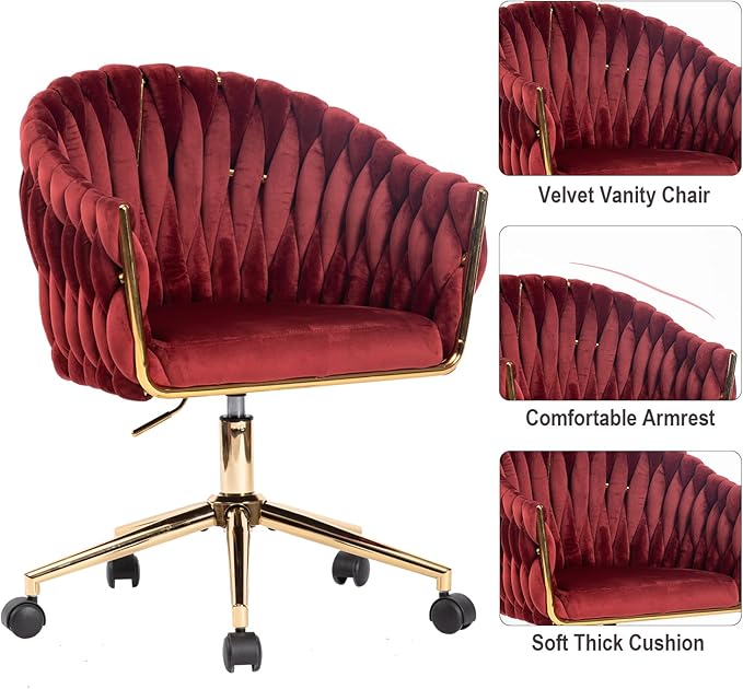 Velvet Office Chair, Vanity Chairs with Wheels, 360° Swivel Velvet Home Office Desk Chair, Accent Chair Makeup Vanity Chair for Bedroom, Living Room(Red)
