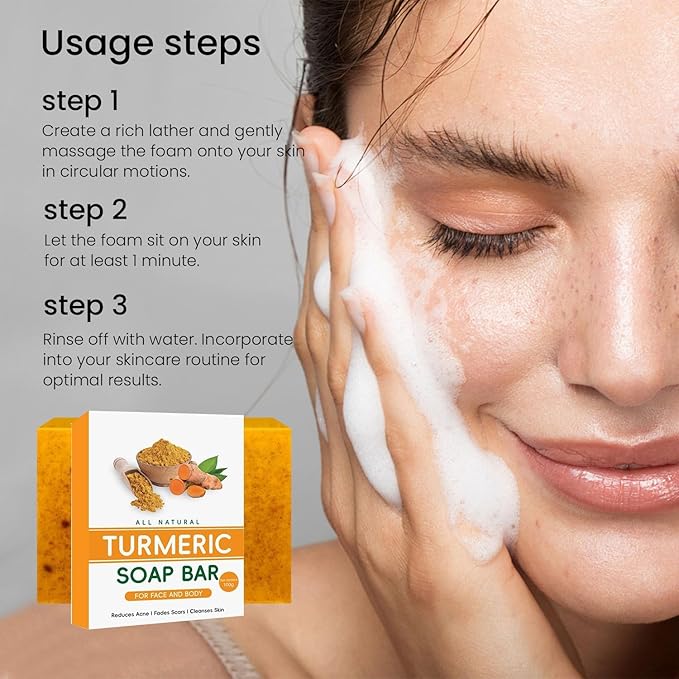 Natural turmeric soap, pure handmade turmeric soap for face and body, concealer to eliminate acne, pimples, and dark spots, moisturizer to erase fine lines, firming agent