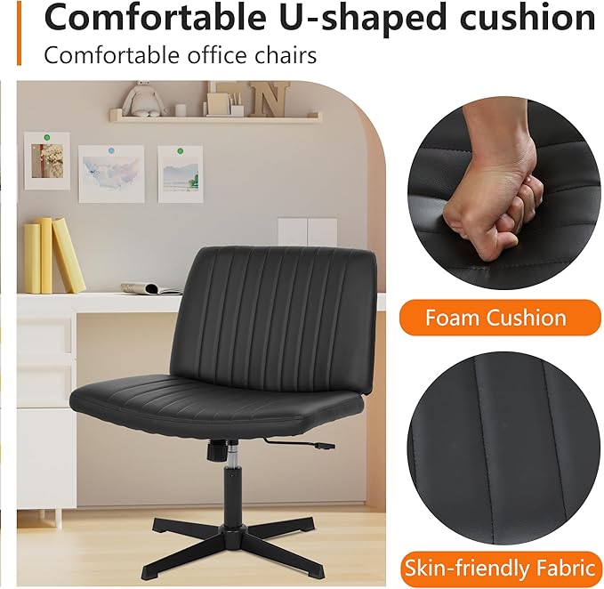 FDW Criss Cross Chair Armless Cross Legged Office Desk Chair Adjustable Swivel Ergonomic Gaming Chair No Wheels Backrest with Wide Seat Native Sponge Computer Task Vanity Chair for Home Office,Black